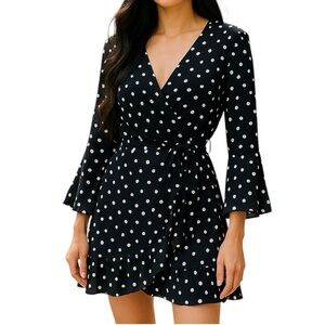 Red Haute Black White Polka Dot Ruffle Wrap Dress Size Large